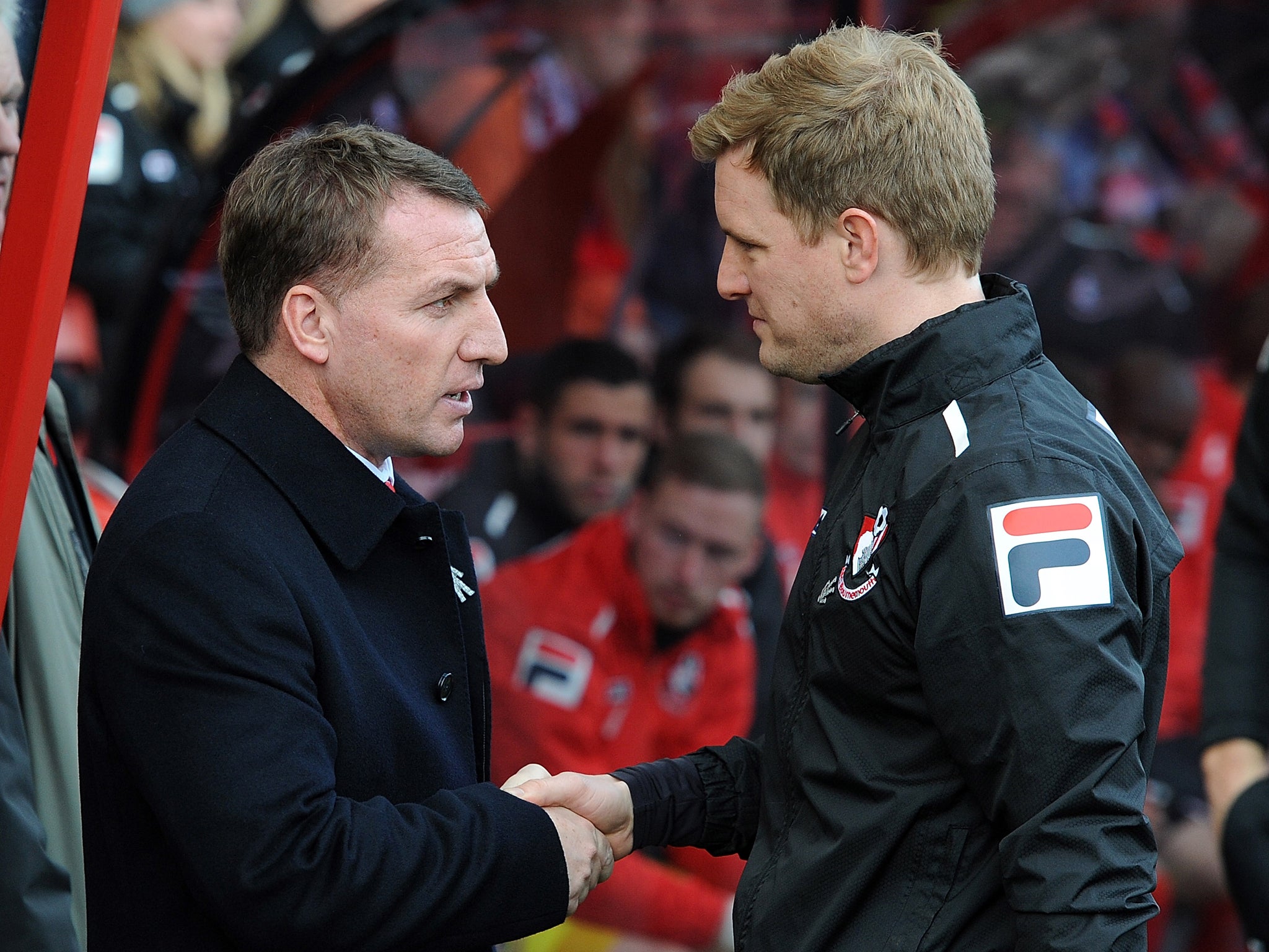 Brendan Rodgers shakes hands with Eddie Howe after Liverpool's 2-0 victory over Bournemouth