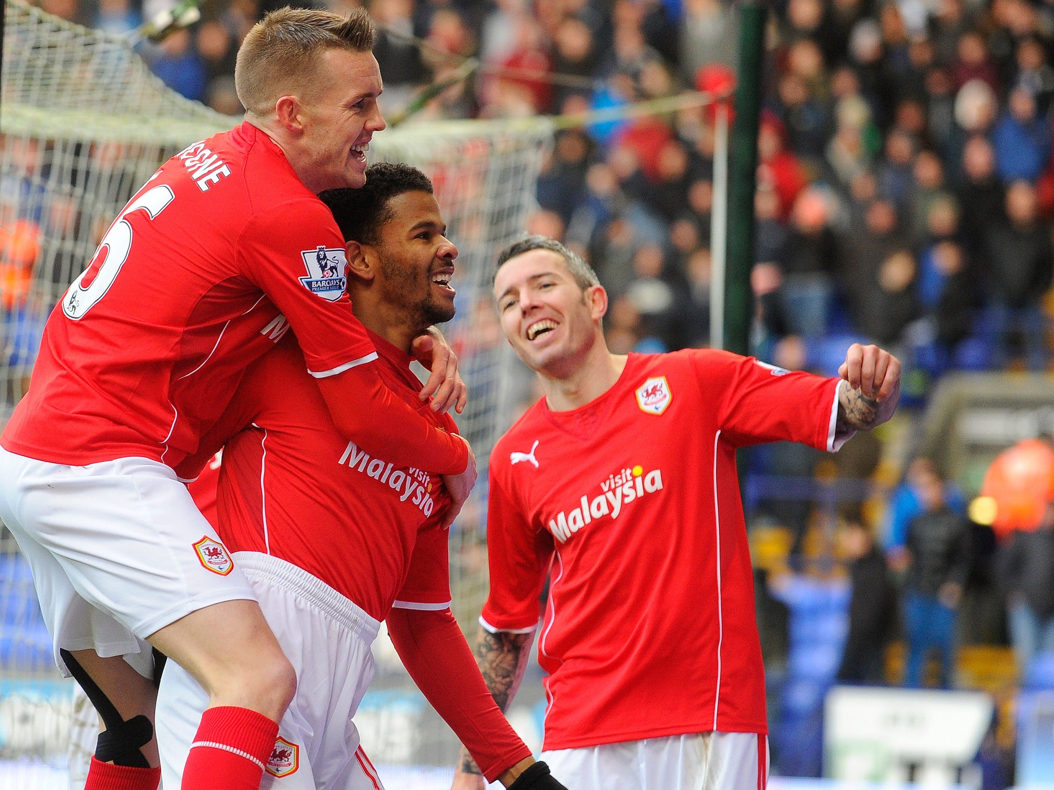 Frazier Campbell celebrates with Criag Noone after scoring for Cardiff in the FA Cup against Birmingham