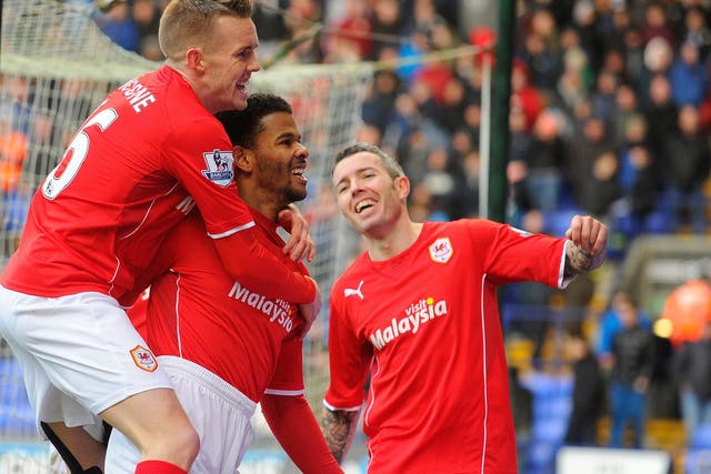 Frazier Campbell celebrates with Criag Noone after scoring for Cardiff in the FA Cup against Birmingham