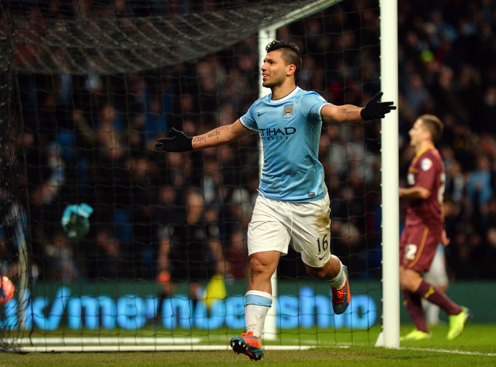 Sergio Aguero celebrates his hat-trick for Manchester City in the FA Cup win over Watford