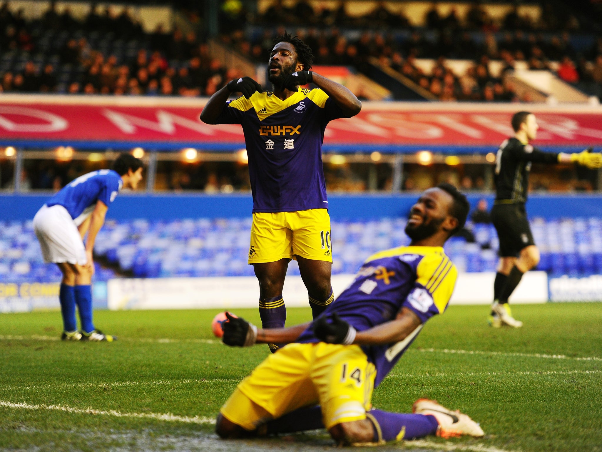 Wilfried Bony (No. 10) celebrates after scoring for Swansea in the FA Cup win over Birmingham