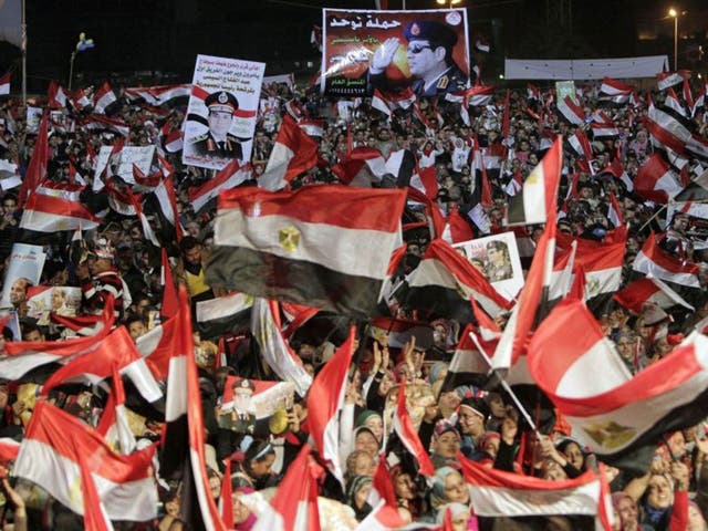 Supporters of Egypt's army chief General Abdel Fattah al-Sisi hold his posters in Tahrir square in Cairo, on the third anniversary of Egypt's uprising