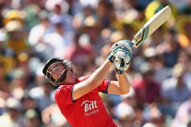 Slogging on the spot: Joss Buttler hits out during his innings in Perth