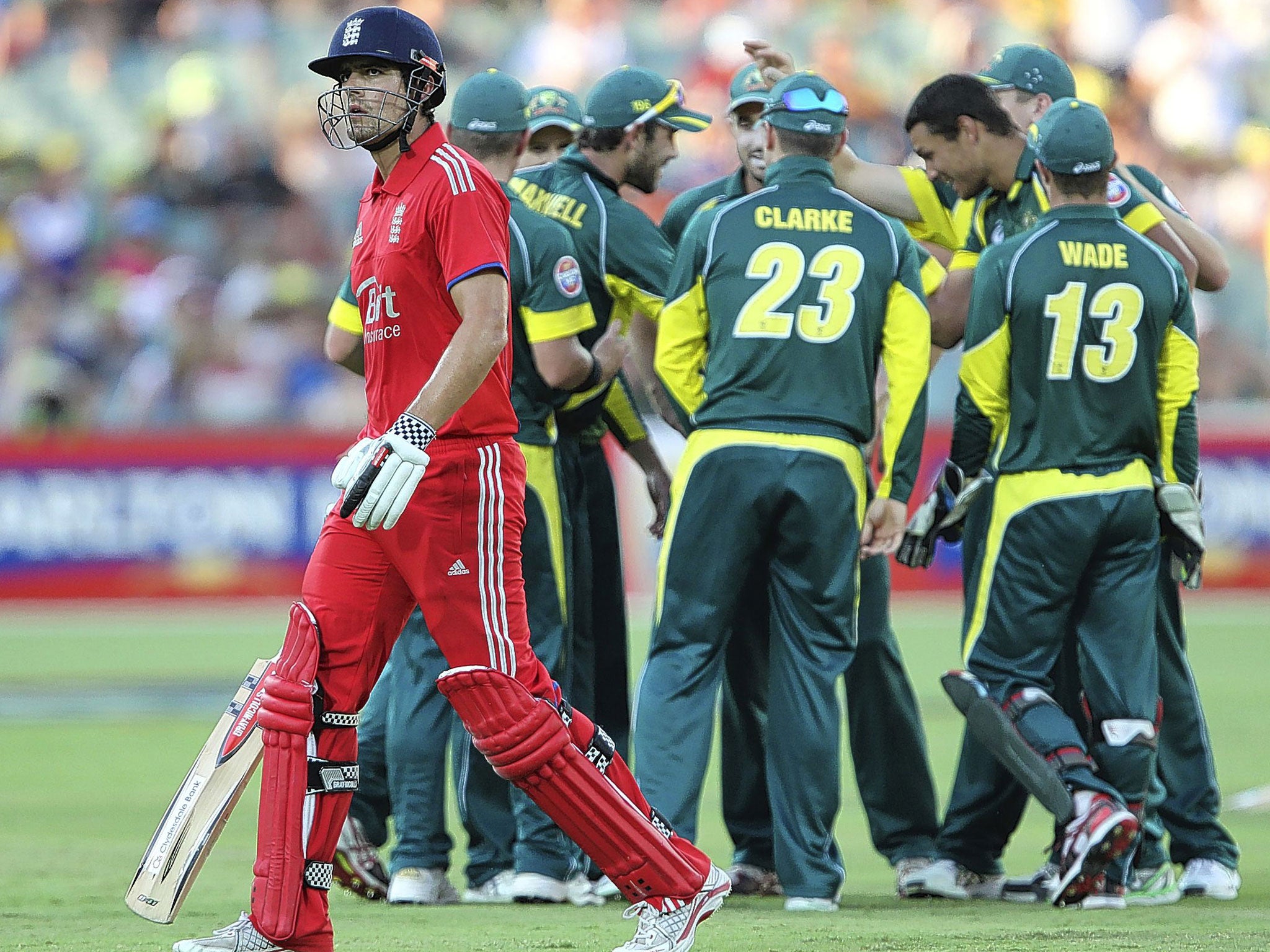 Cook walks off after prodding a Nathan Coulter-Nile delivery to cover