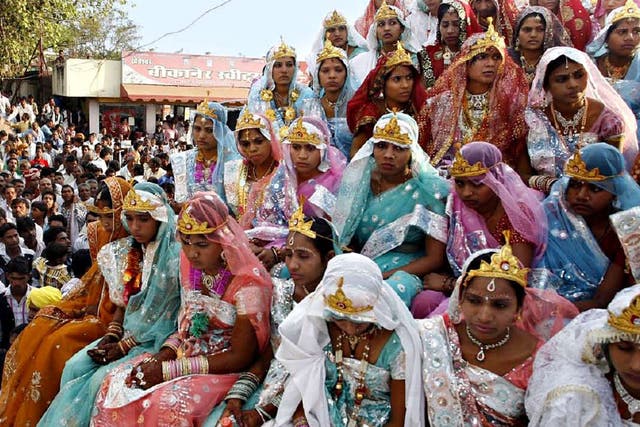 Brides in Bhopal, taking part in a mass marriage ceremony last May, on what is deemed to be the year’s most auspicious day to wed