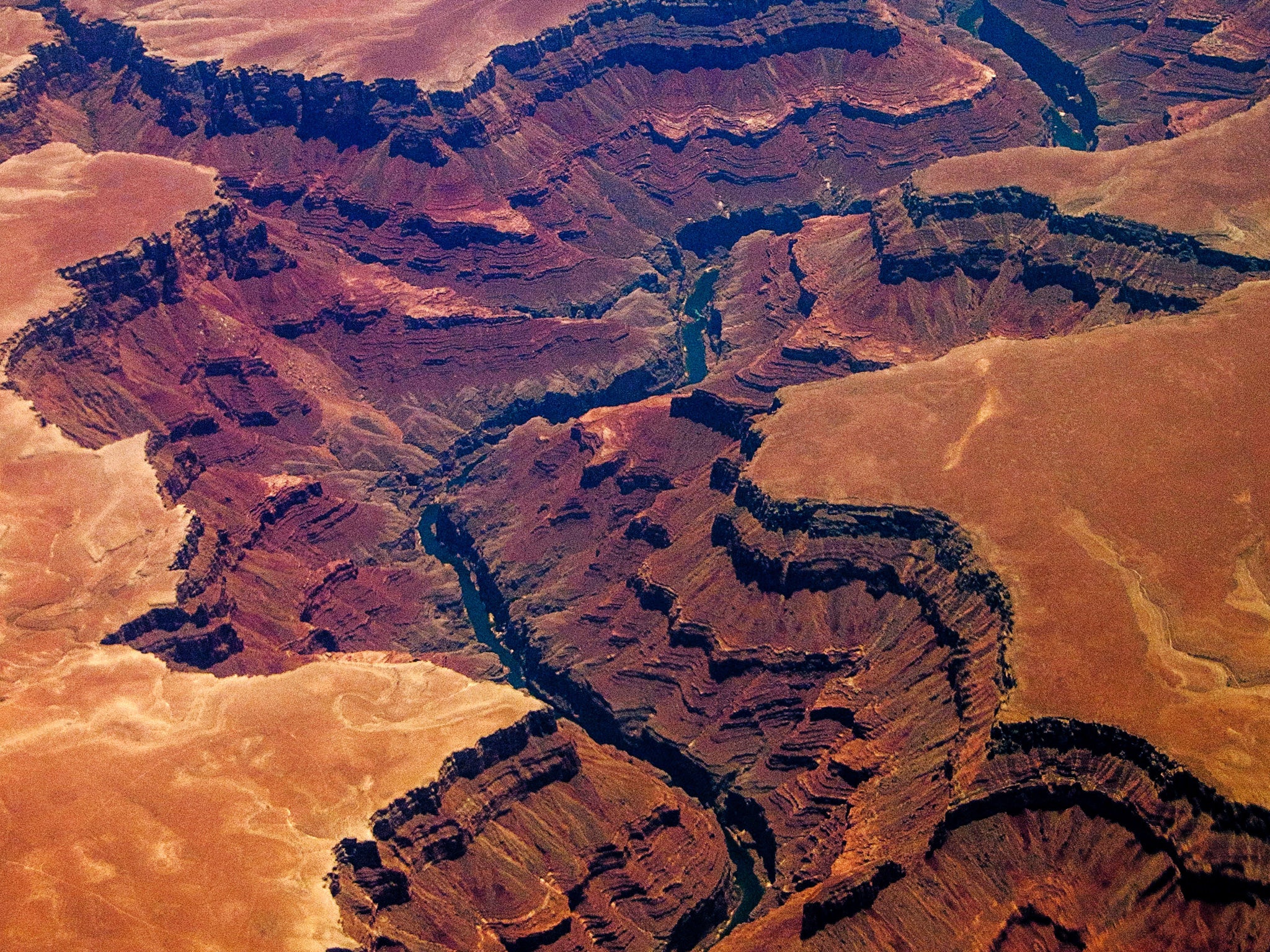 An aerial picture of the Grand Canyon in Arizona from around 30,000 feet (10,000m)