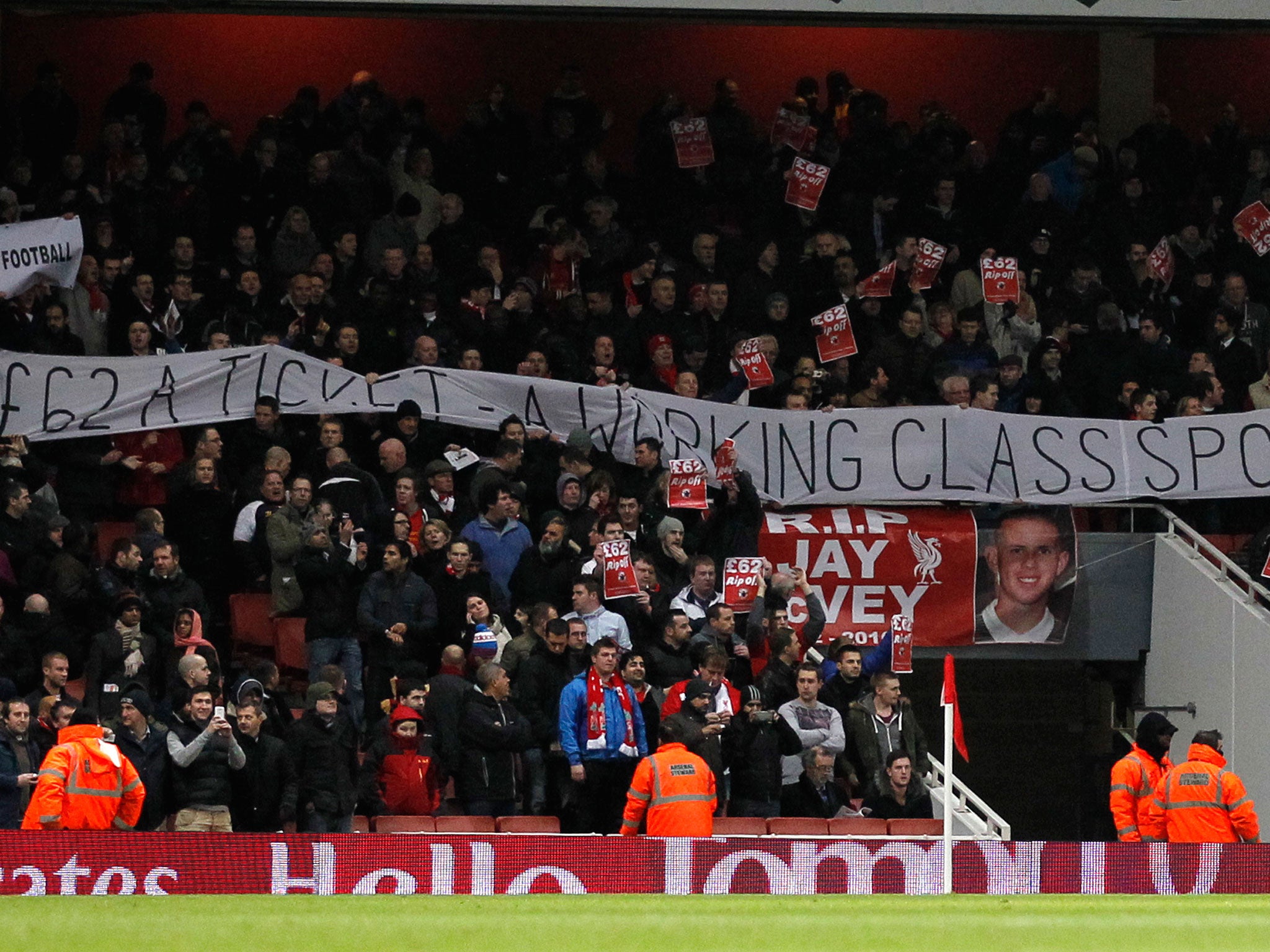 Liverpool fans protest against Arsenal's ticket prices at the Emirates Stadium in January 2013