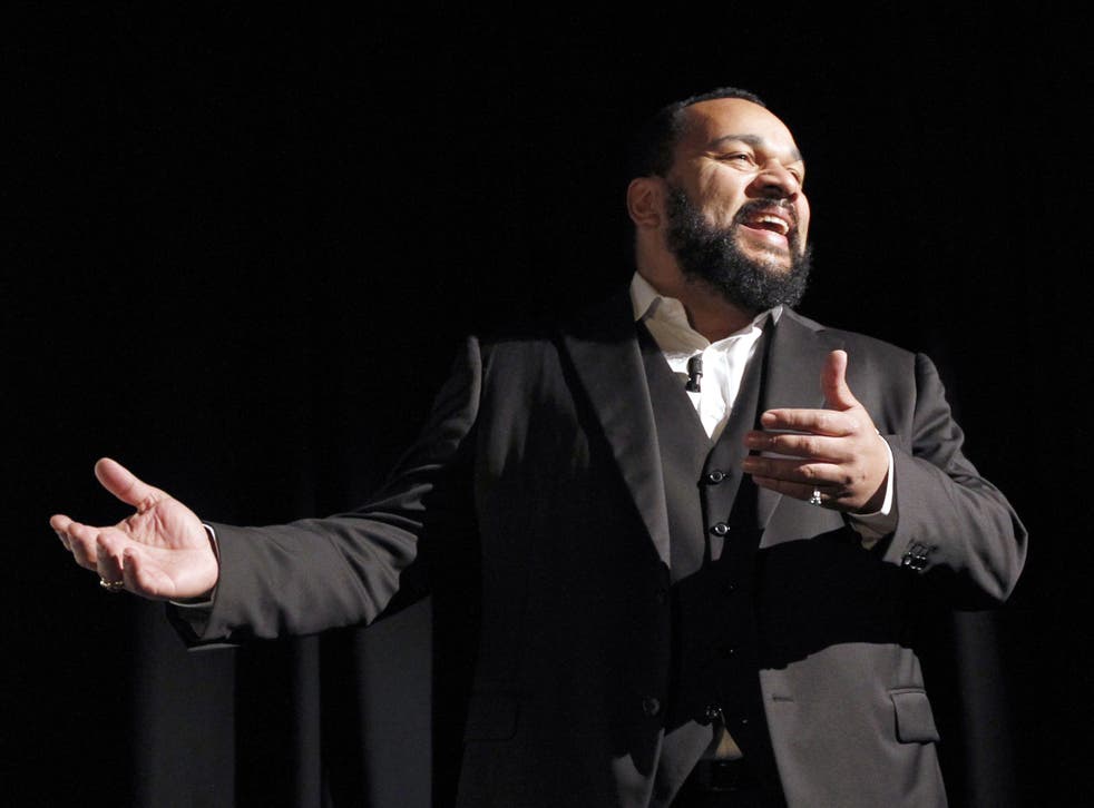Stand-up comedian and controversial crowd-pleasing philosopher Dieudonne on stage in Bordeaux