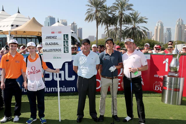 Jose-Maria Olazabal, Javier Ballesteros and Miguel Angel Jimenez pose for a picture before teeing-off at the Dubai Desert Classic
