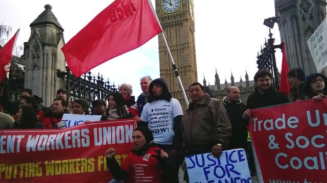 3 Cosas workers form a picket line at the Houses of Parliament