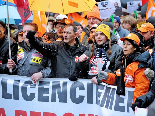 Workers at mail-order company La Redoute protest in Lille against plans to sack 1,200 workers