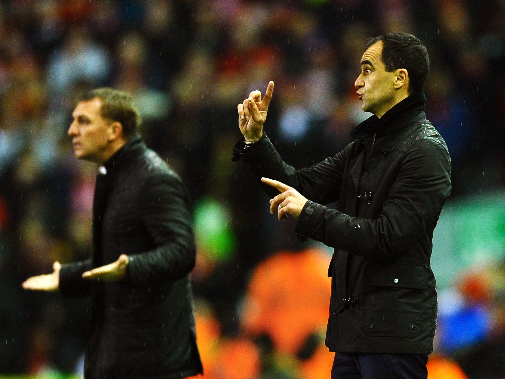 Brendan Rodgers and Roberto Martinez pictured during the 222nd Merseyside derby