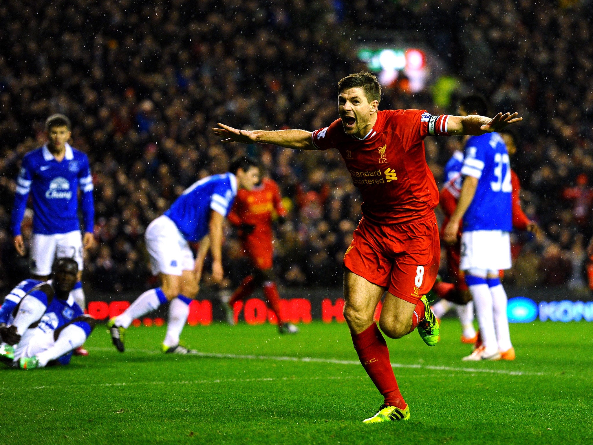 Steven Gerrard celebrates scoring the opening goal for Liverpool