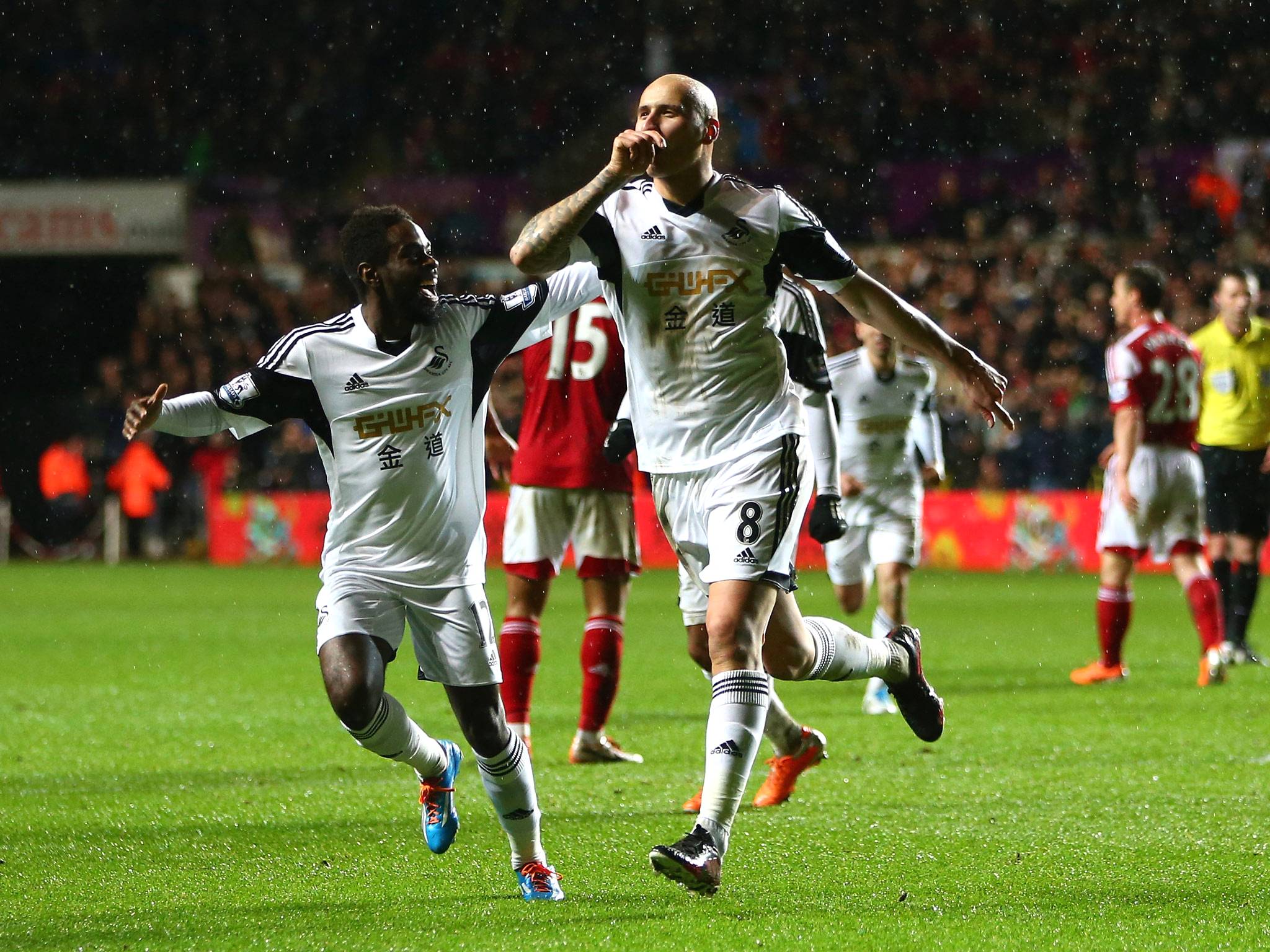 Jonjo Shelvey celebrates his spectacular goal for Swansea last weekend