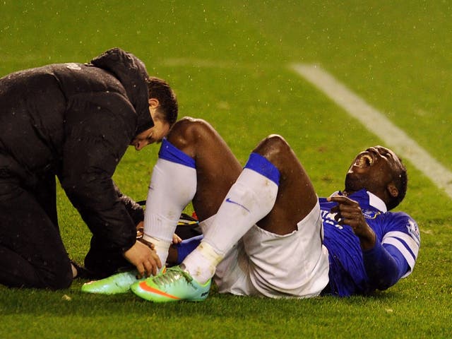 Everton striker Romelu Lukaku pictured receiving treatment during the Merseyside derby