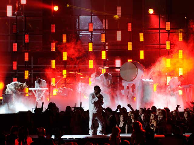 Kendrick Lamar, here performing live with Imagine Dragons, enjoyed a 99 per cent rise in Spotify traffic after his Grammys performance