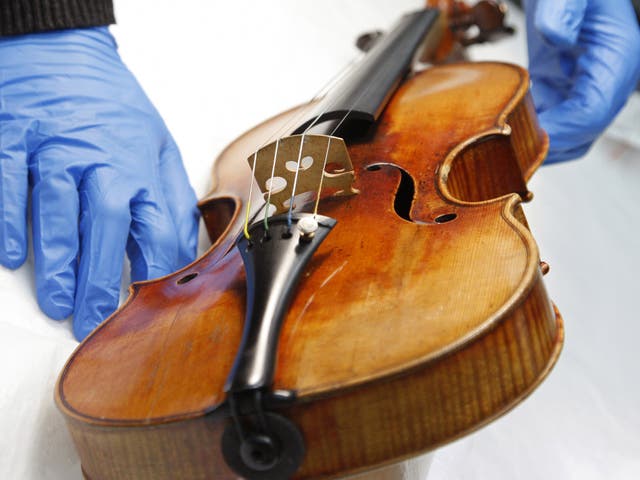 A Stradivarius violin at the restoration and research laboratory of the Musee de la Musique in Paris