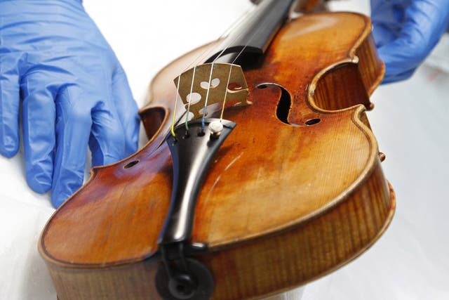 A Stradivarius violin at the restoration and research laboratory of the Musee de la Musique in Paris