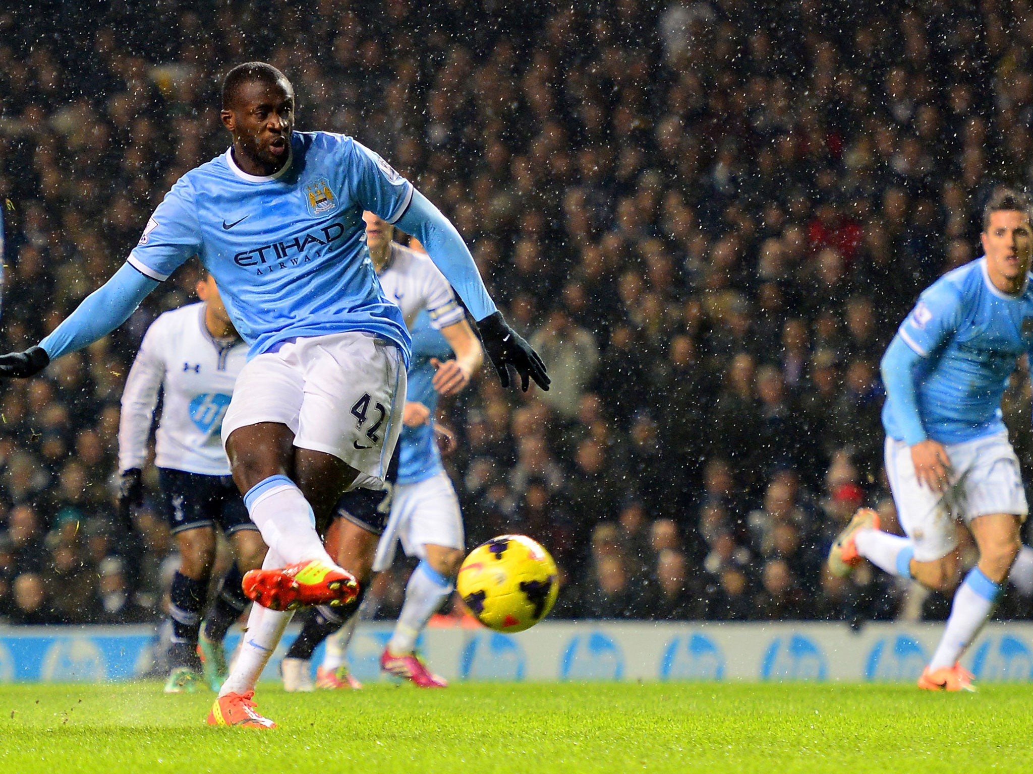 Yaya Toure scores Manchester City's second from the penalty spot