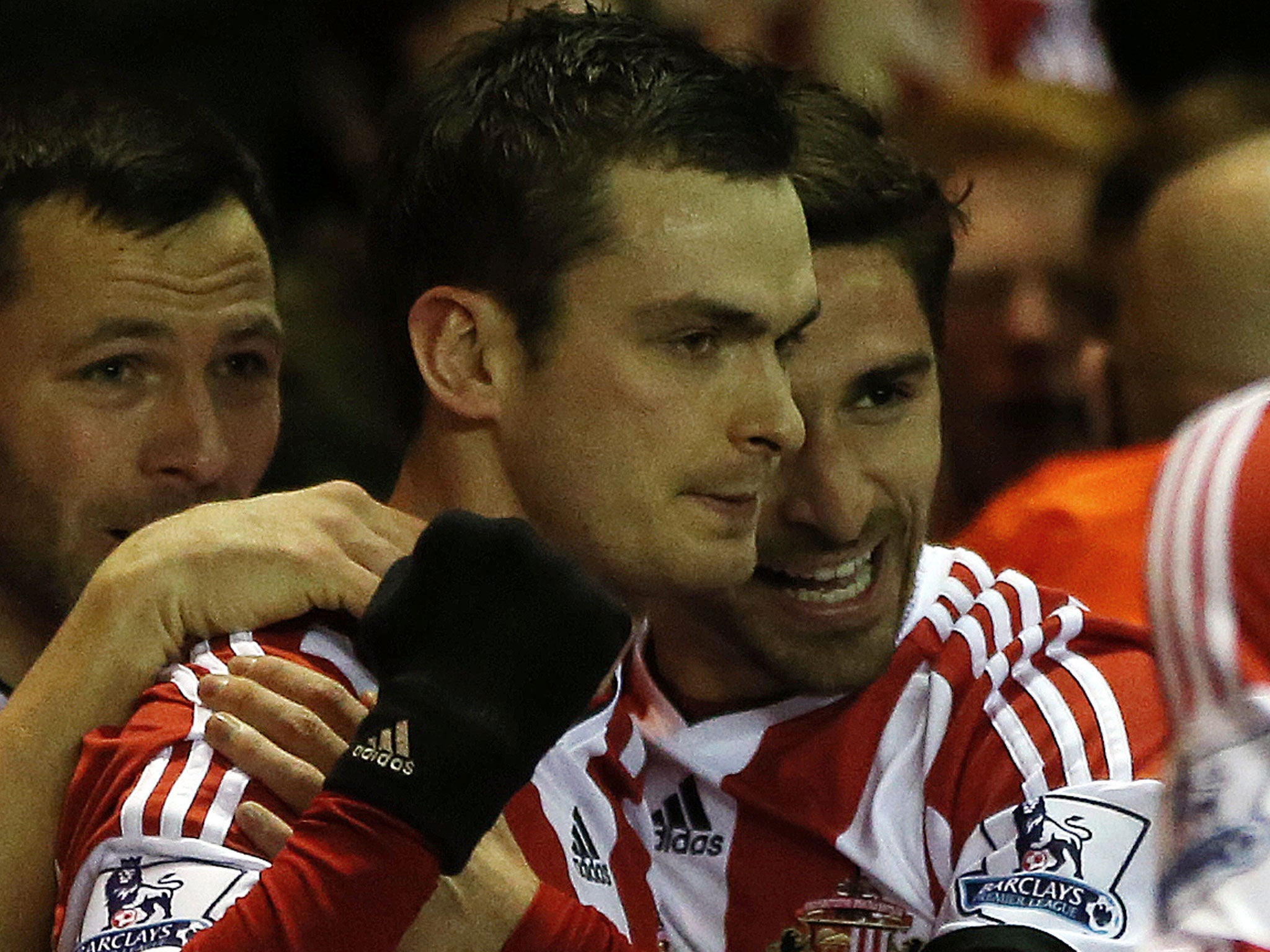 Sunderland's Adam Johnson (centre) is congratulated on his goal by team-mate Fabio Borini