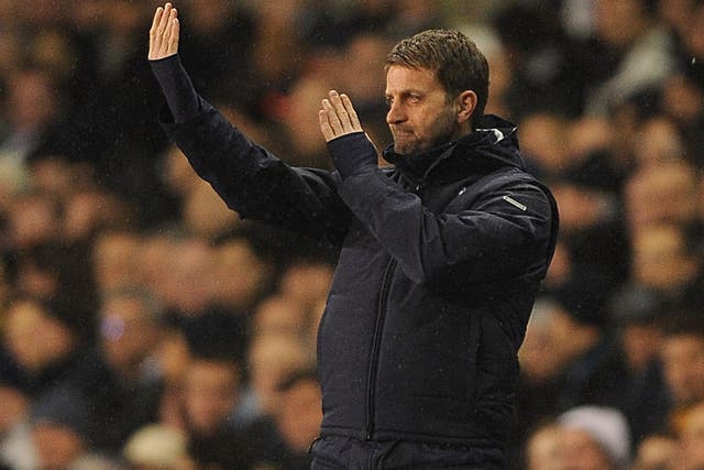 Tim Sherwood gestures instructions to his players during Tottenham's game with Manchester City