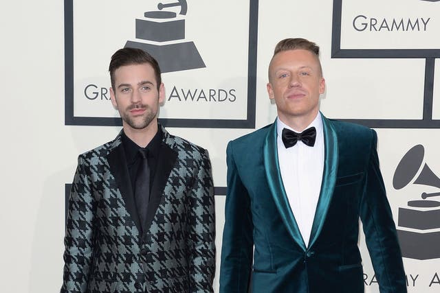 Suits you :Macklemore (right) with Ryan Lewis at the Grammy Awards