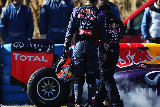 Daniel Ricciardo of Australia and Infiniti Red Bull Racing has a car breakdown on his installation lap in Jerez