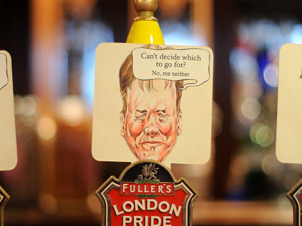 A beer pump at the Marquis of Granby public house in Westminster displays a caricature of Liberal Democrat party leader Nick Clegg on April 7, 2010 in London, England.