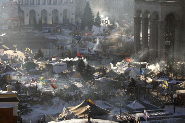 Tents of anti-government protesters in Independence Square in central Kiev. Demonstrations have been going on for two months