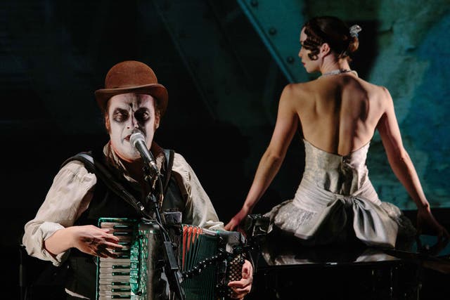 Direction and design by Mark Holthusen, words and music by Martyn Jacques, performed by the Tiger Lillies and Laura Caldow, commissioned by Opera North Projects.