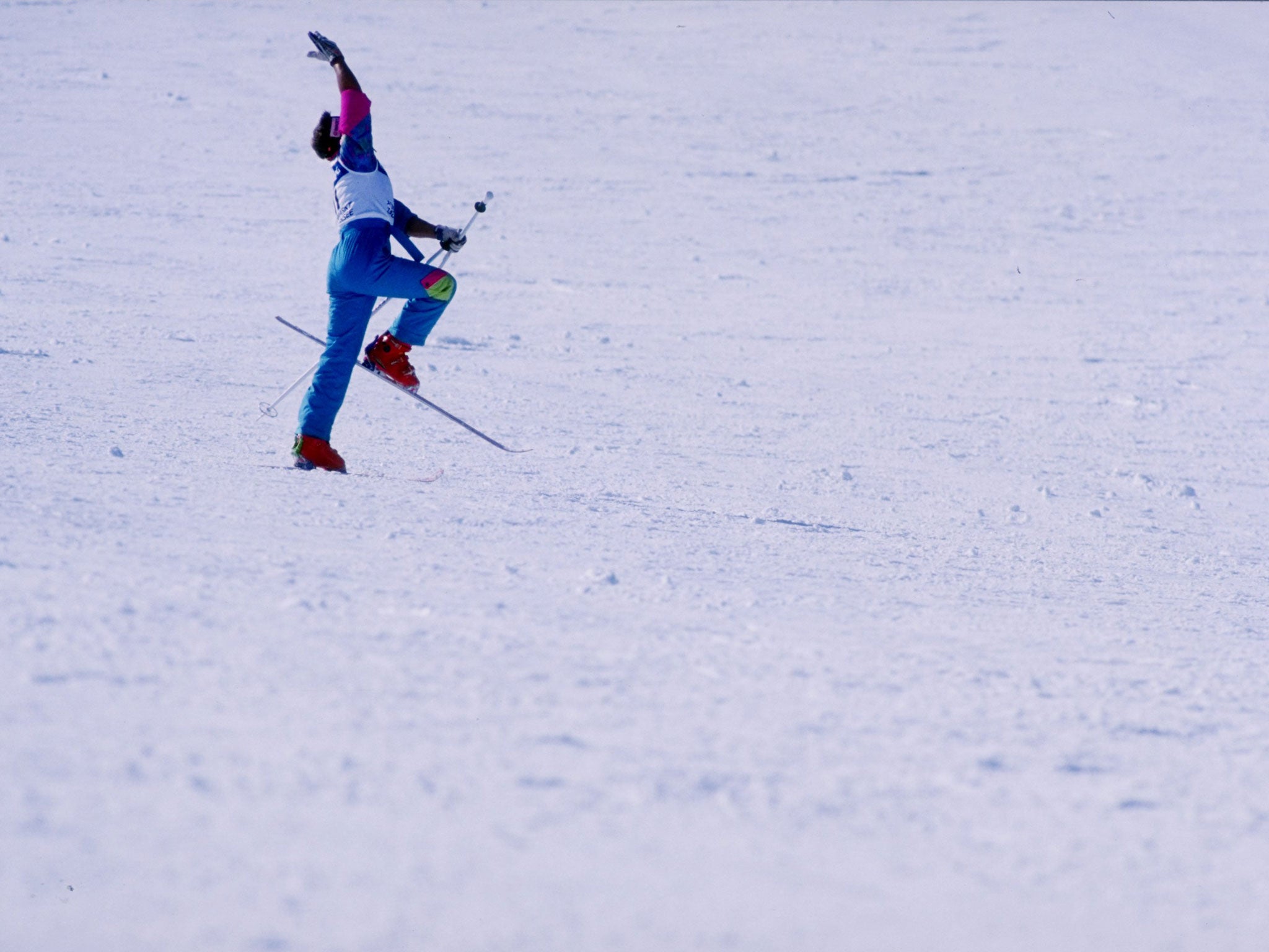 Taken from the World Freestyle Ski Competitions in 1993, this competitor is feeling the moment