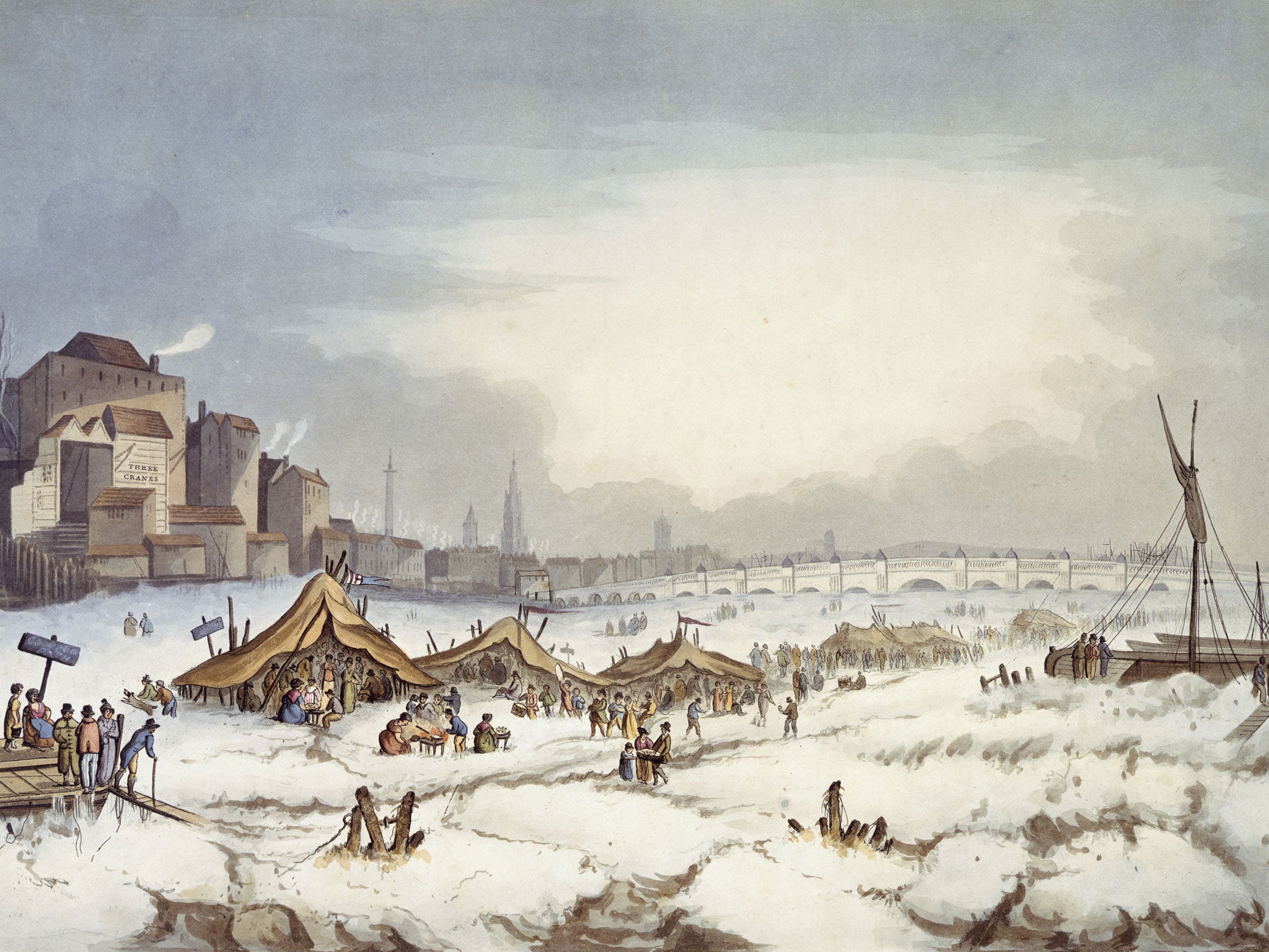 Colour aquatint showing the frost fair on the Thames published 18th February 1814