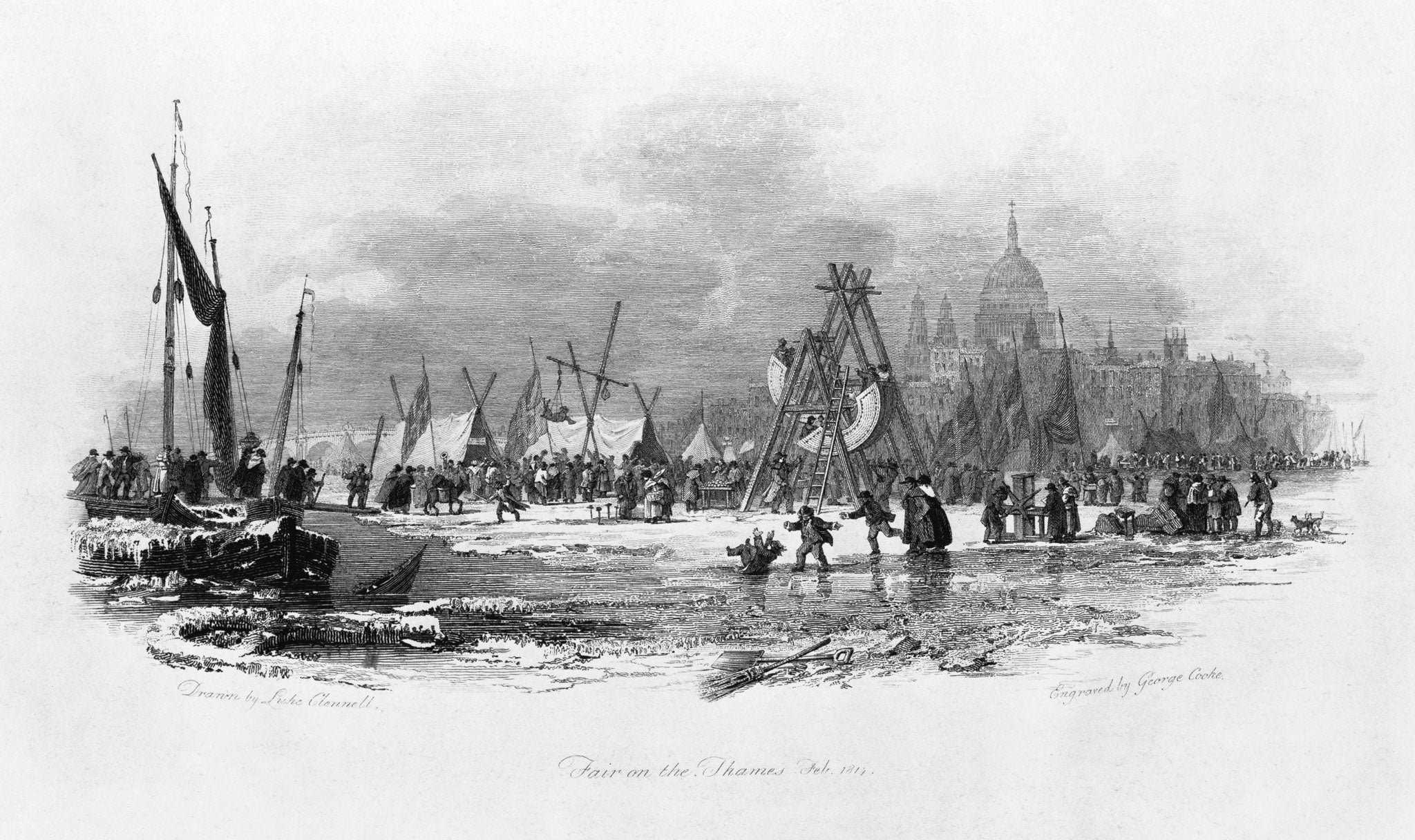 An engraving and etching shows the frost fair on the Thames, with St Paul's Cathedral in the background, in February 1814