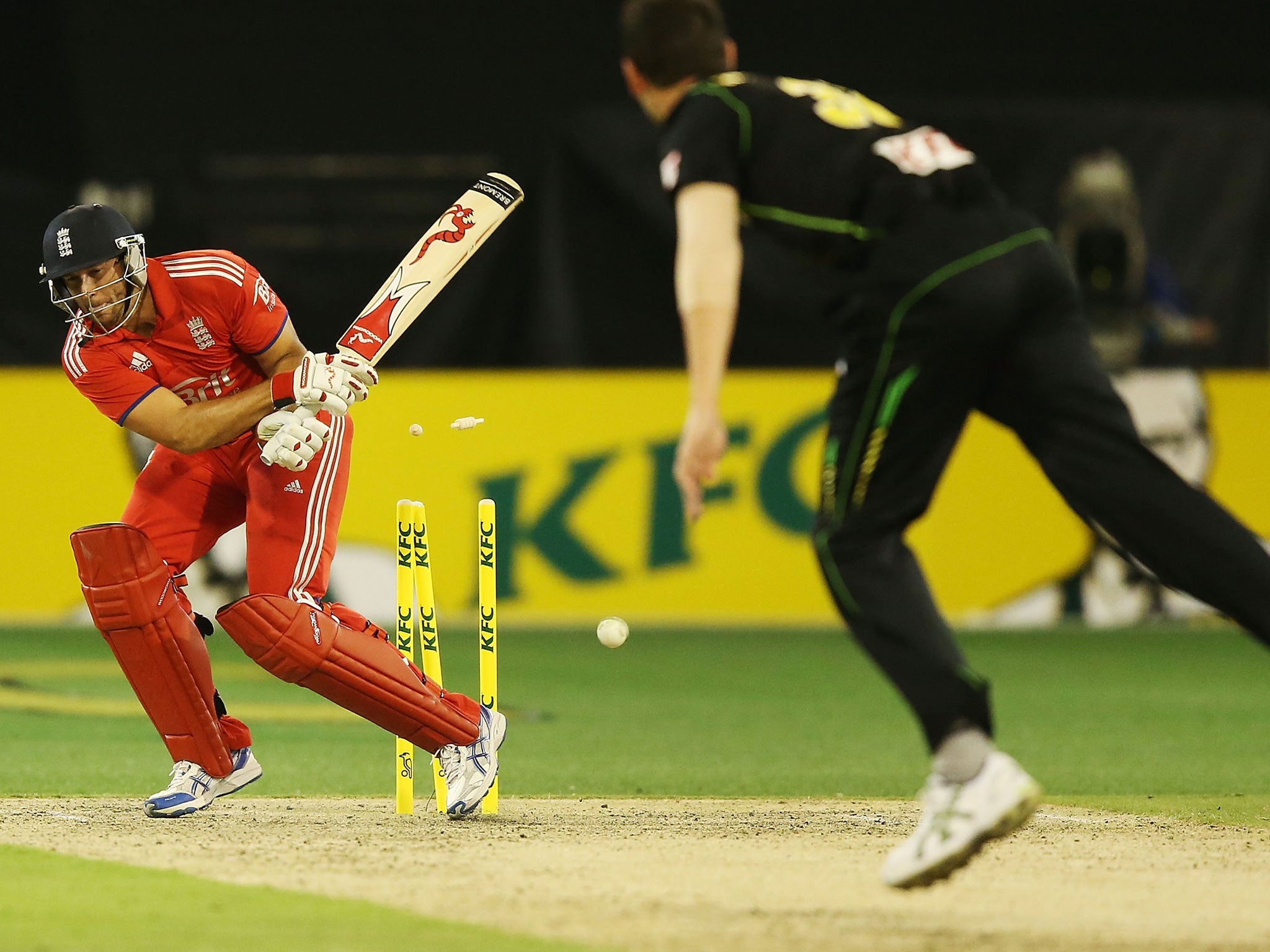 Australia's Josh Hazelwood clatters the wicket of England's Tim Bresnan at the MCG (Getty Images)