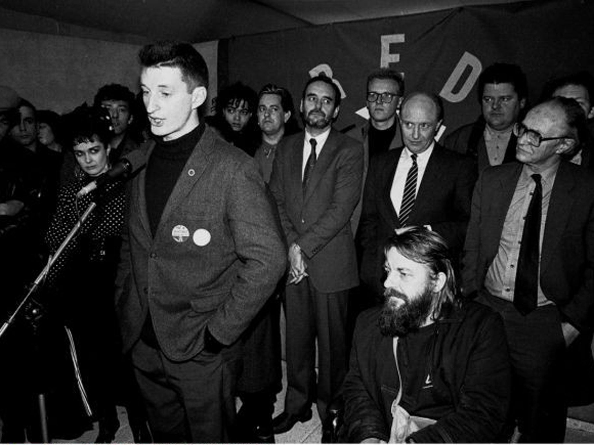 Stealth attack: The songs of Billy Bragg, seen here launching the pro-Labour,  musicians’ collective Red Wedge in 1986, protested about life in Margaert Thatcher’s Britain 