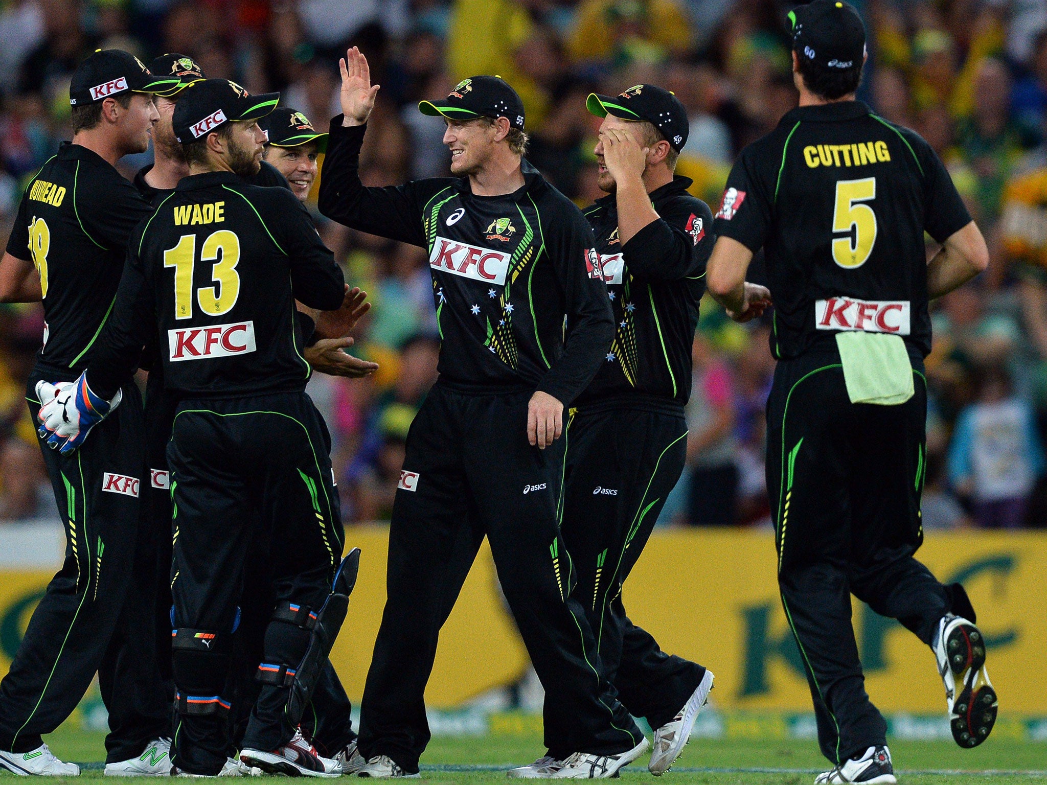George Bailey (centre) celebrates the dismissal of England's Alex Hales