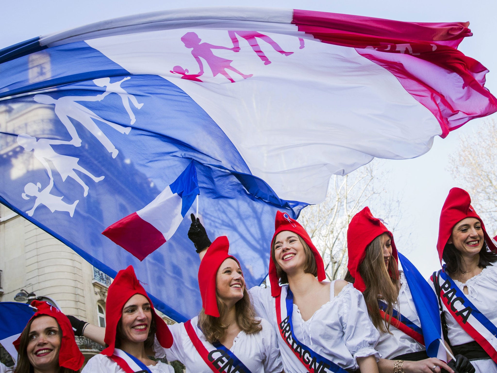 Protesters don revolutionary garb at the ‘Protest for All’ in Paris yesterday. About 200,000 people attended the largely trouble-free rally, nominally against gay marriage