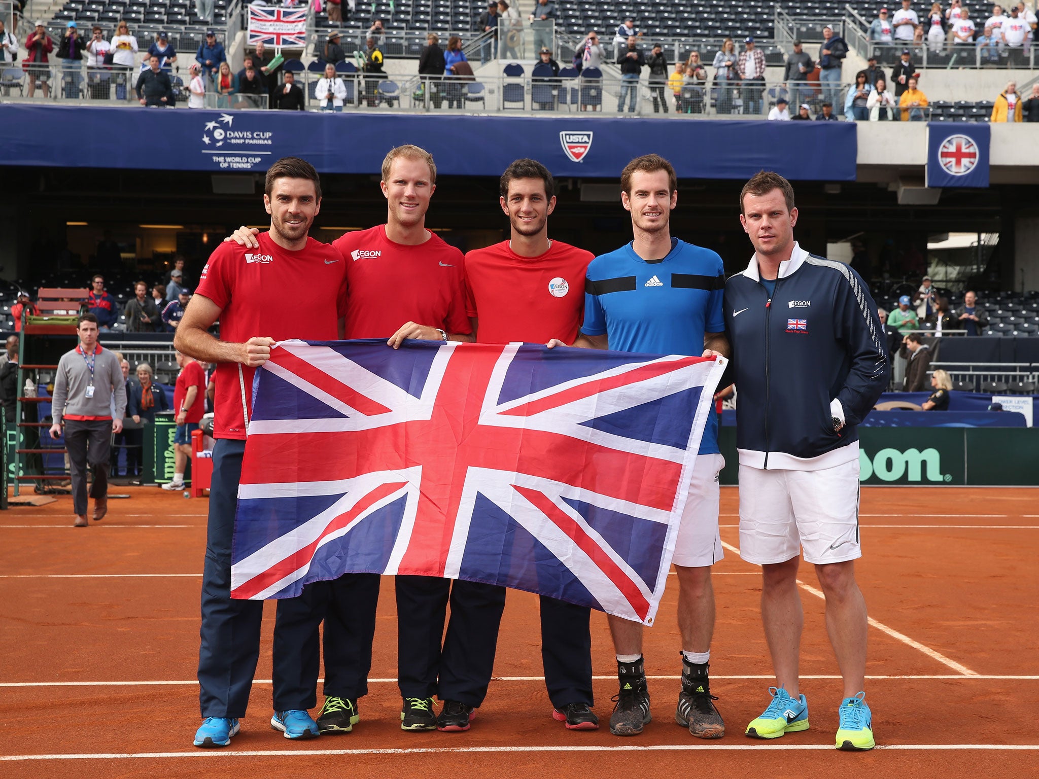 The Great British team pose after their Davis Cup victory over the United States saw them book their place in the quarter-finals
