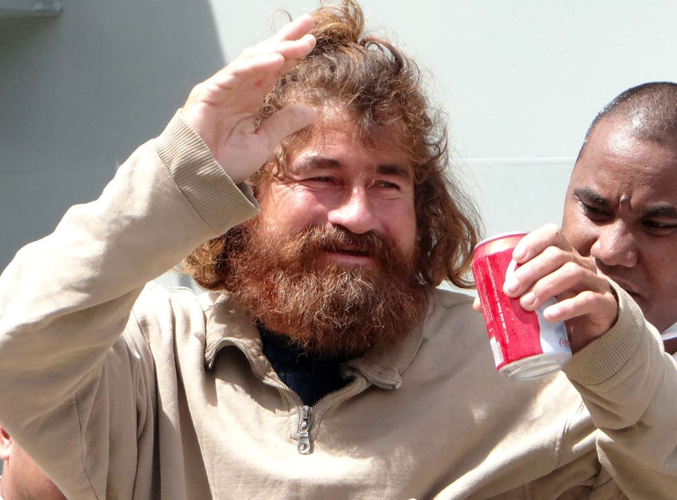 The castaway who identified himself as Jose Salvador Albarengo is pictured for the first time on his arrival in the Marshall Islands capital Majuro