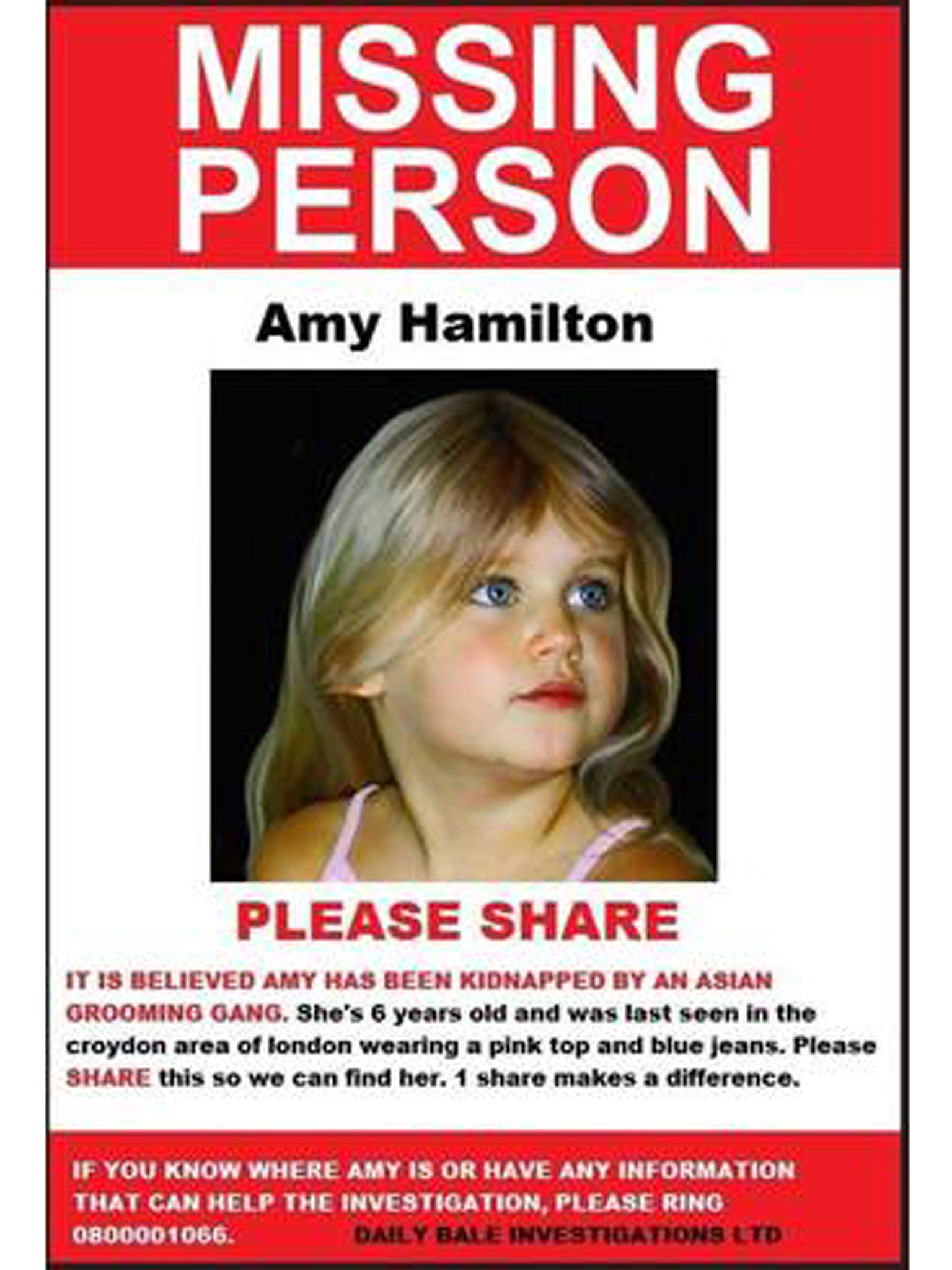 The appeal for 'missing' Amy Hamilton has been shared thousands of times in the past few days - despite being a hoax created by a right-wing organisation
