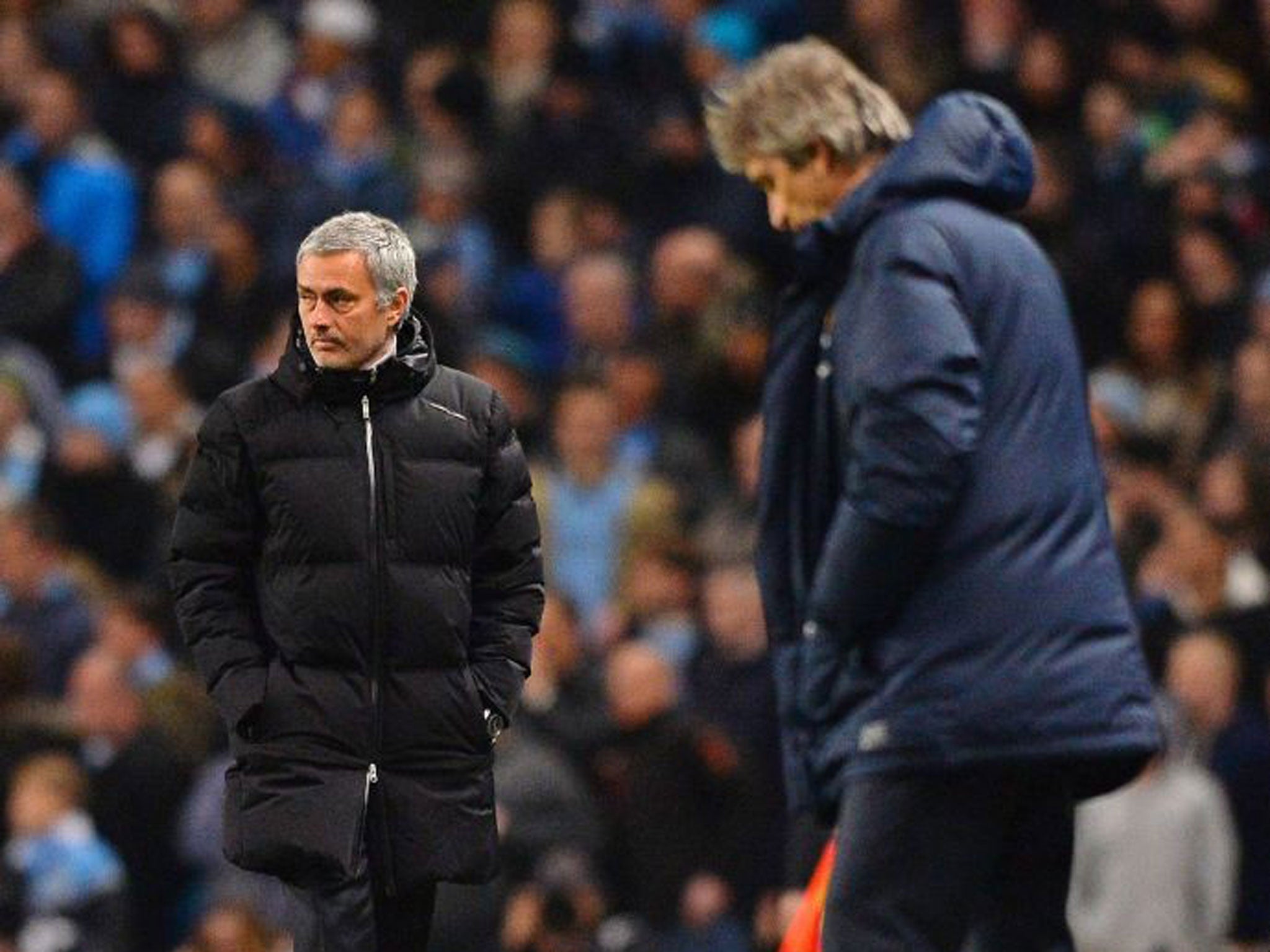 Jose Mourinho (left) and Manuel Pellegrini on the touchline at the Etihad Stadium earlier this month