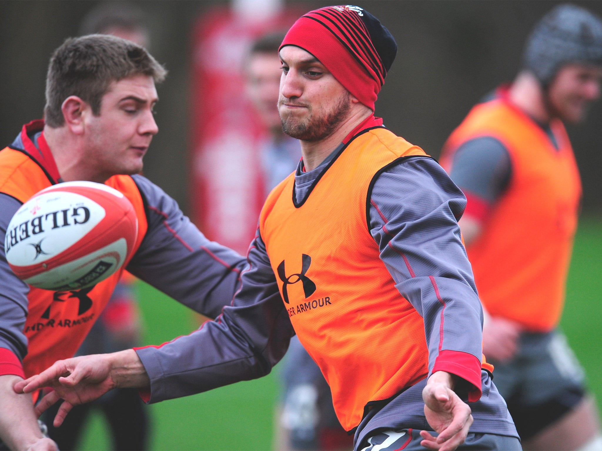 Sam Warburton in action with team mates during a Wales training session