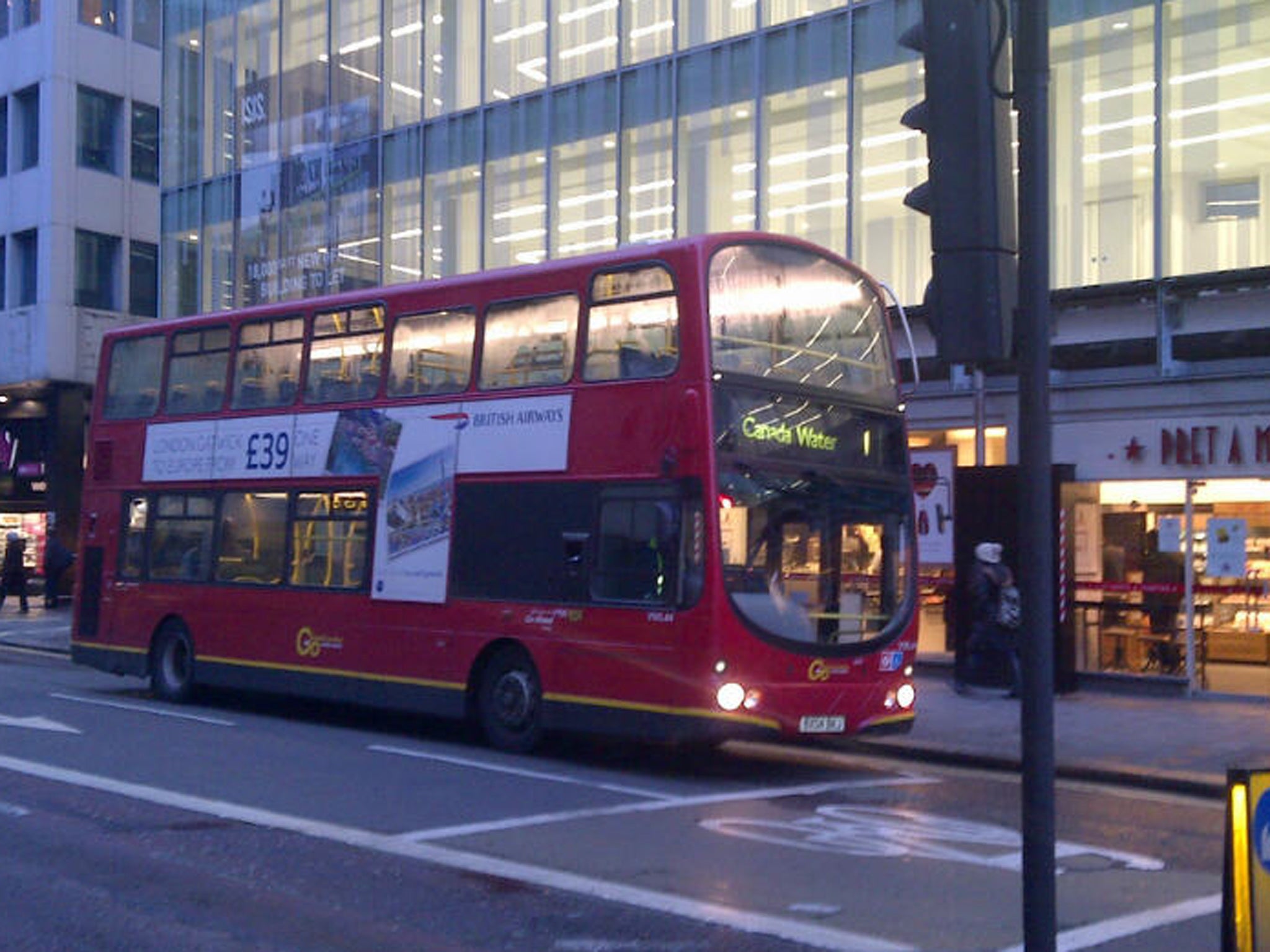 An empty No 1 to Canada Water near Holborn, but buses were rammed later in High Street Kensington
