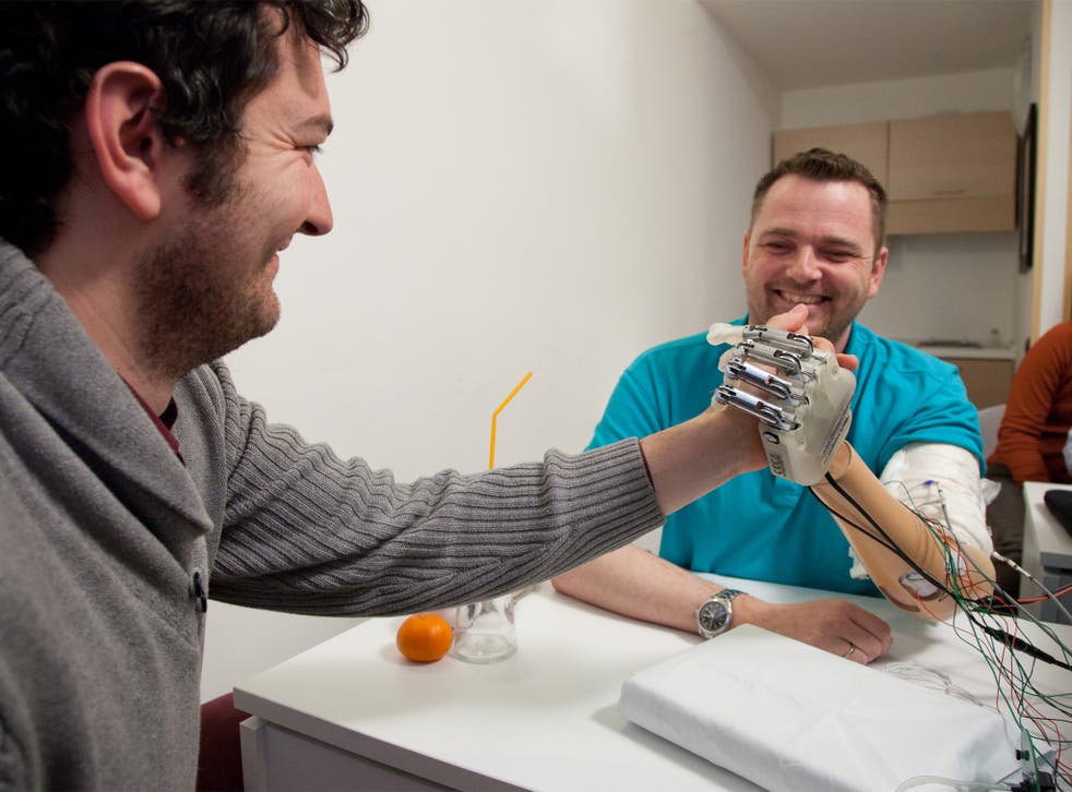 Amputee Dennis Aabo Sorensen tests the prosthetic hand in Rome last year