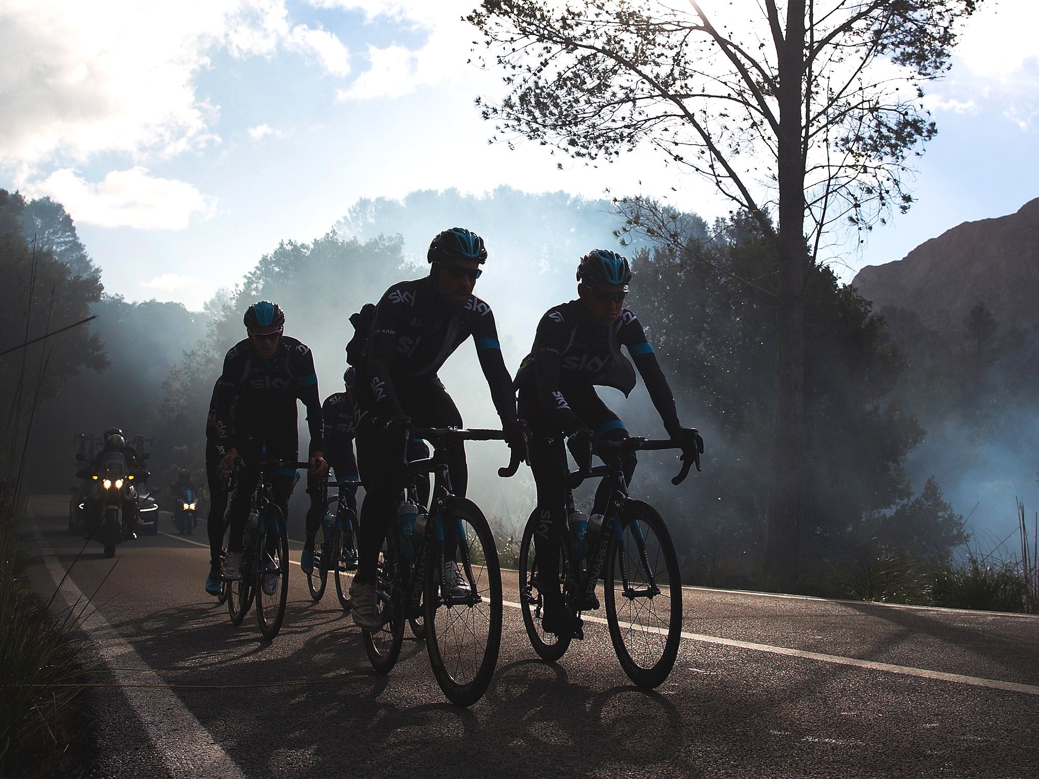 Sir Bradley Wiggins and his Sky team-mates on a training ride in Majorca