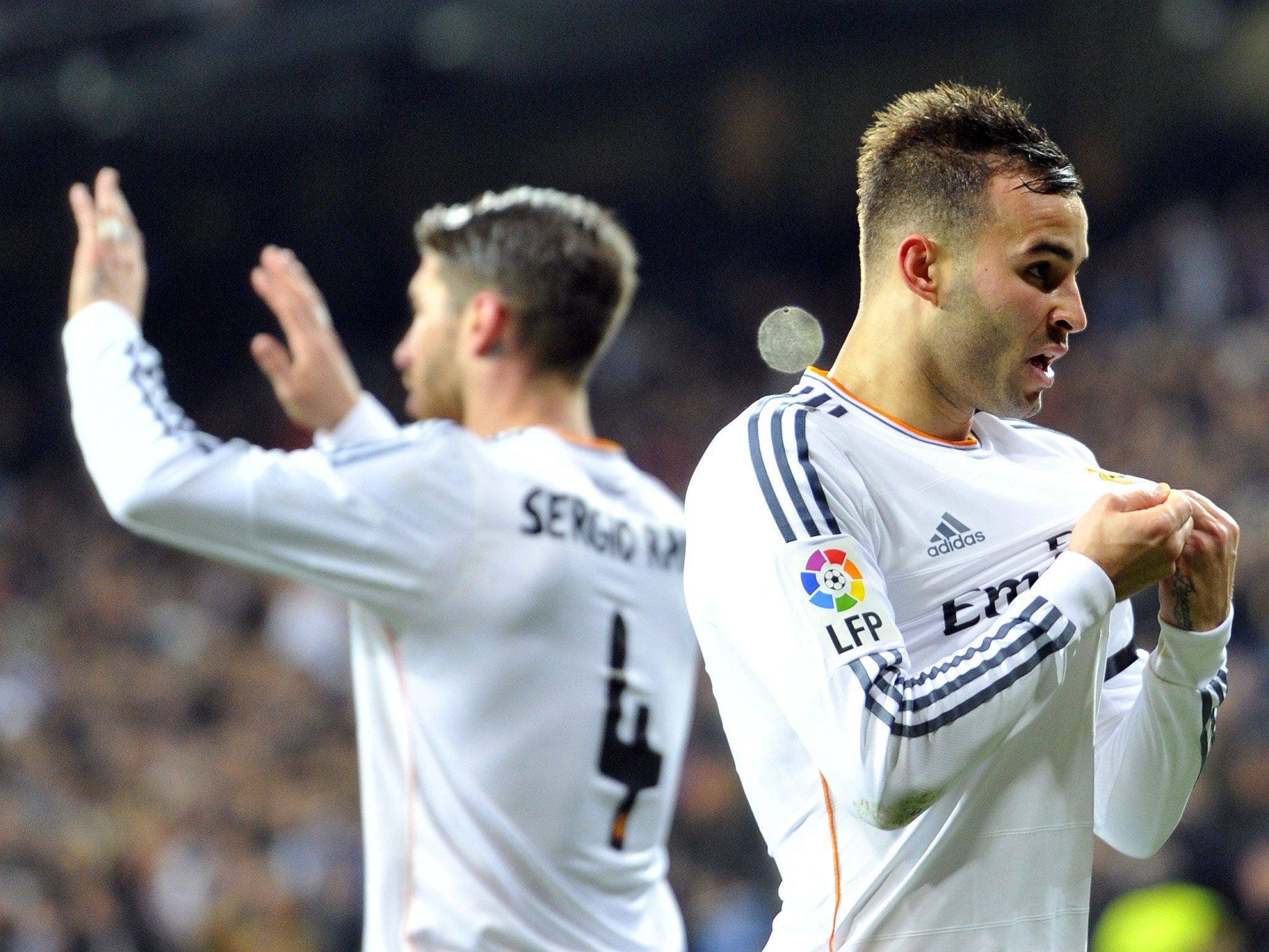 Real Madrid's forward Jese celebrates after scoring during the Spanish Copa del Rey against Atletico Madrid