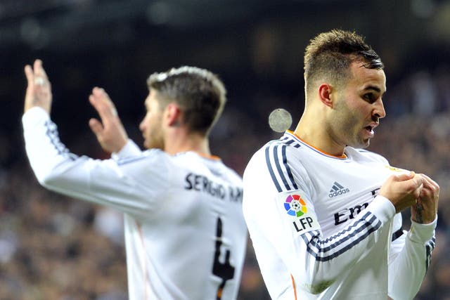 Real Madrid's forward Jese celebrates after scoring during the Spanish Copa del Rey against Atletico Madrid
