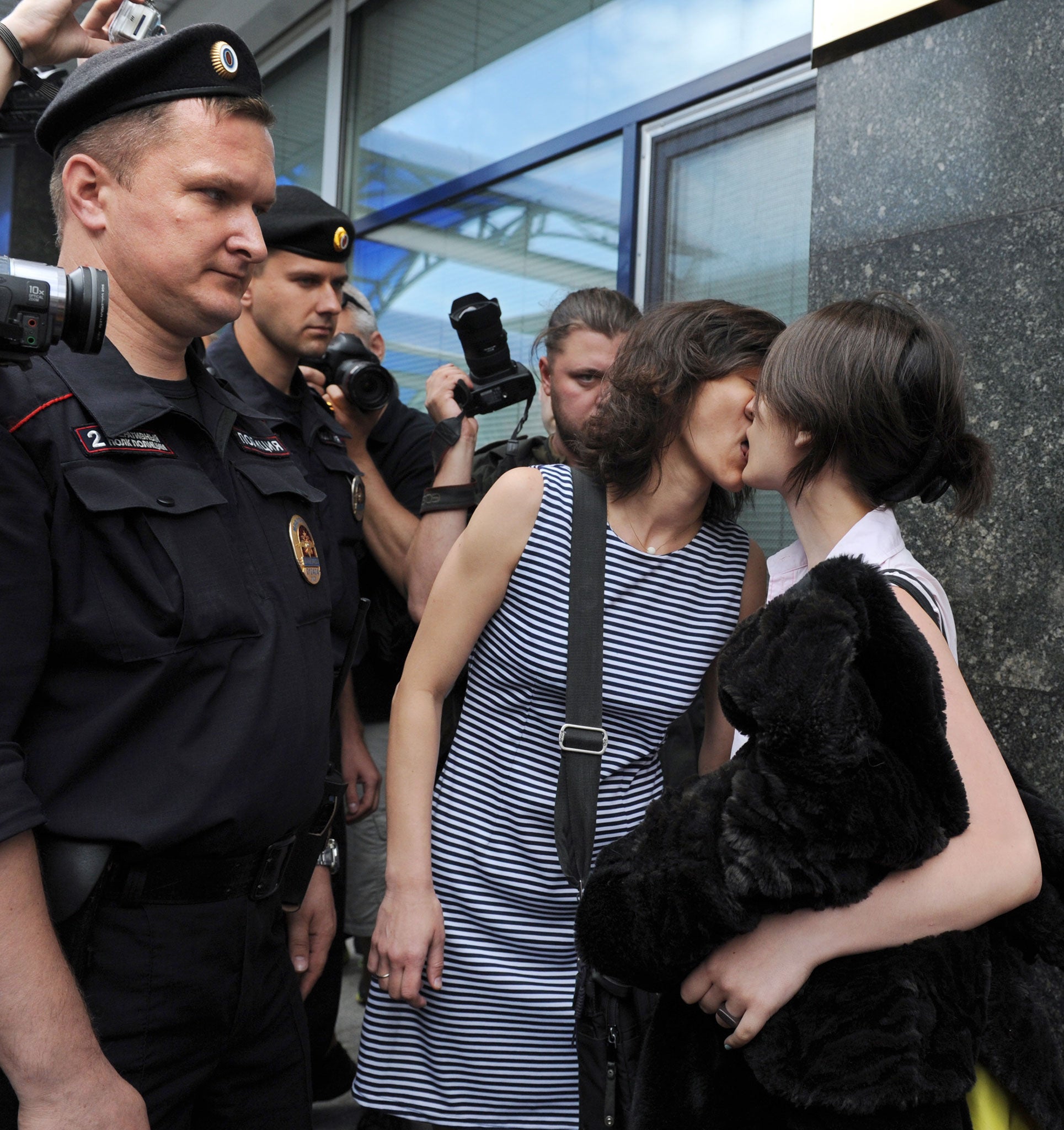 Sexual politics: gay rights activists kissing outside the lower house of Russia's parliament, the State Duma, in Moscow, in 2013