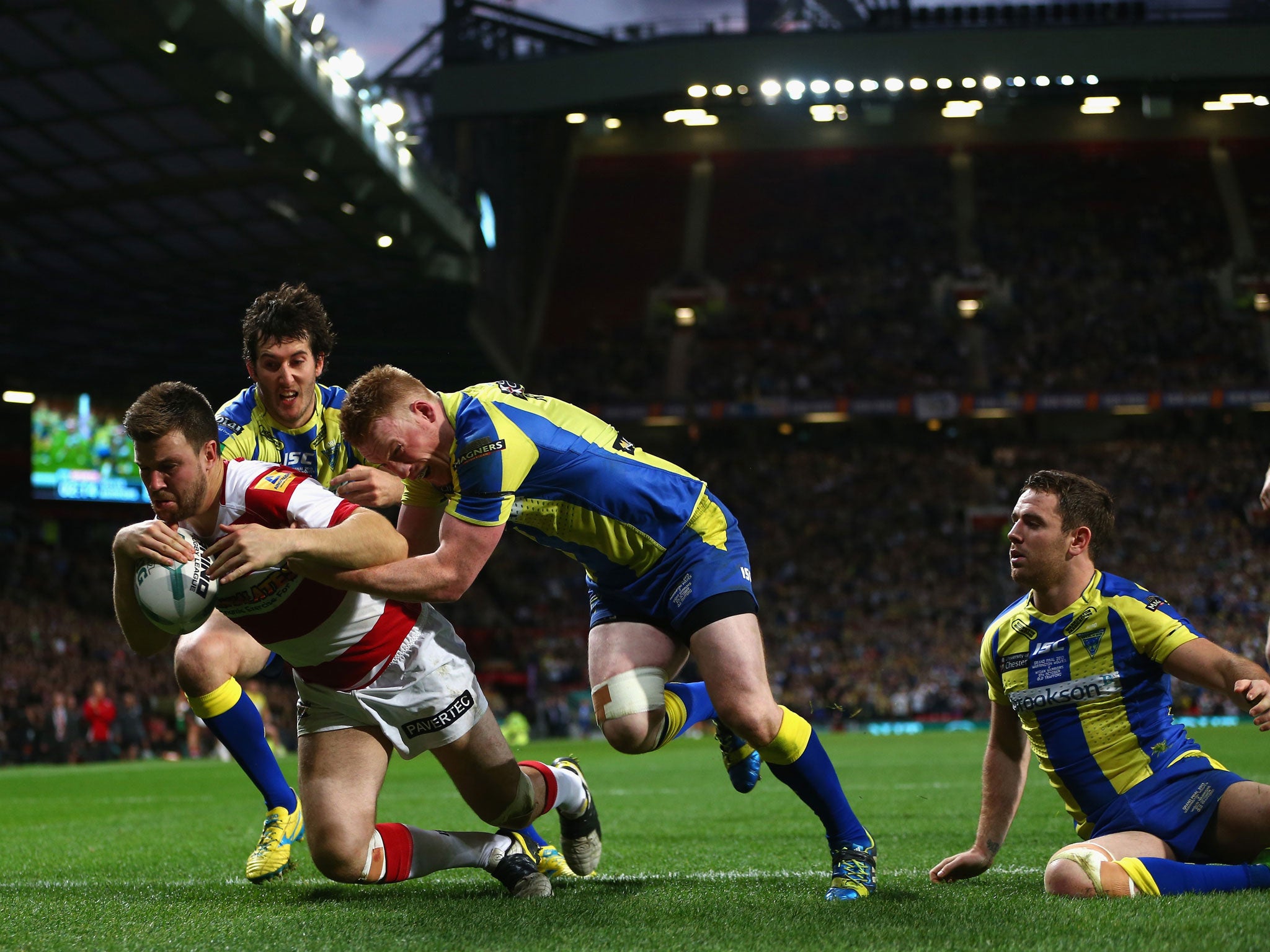 Darrell Goulding, of Wigan Warriors, scores his side’s first try as they won last year’s Grand Final