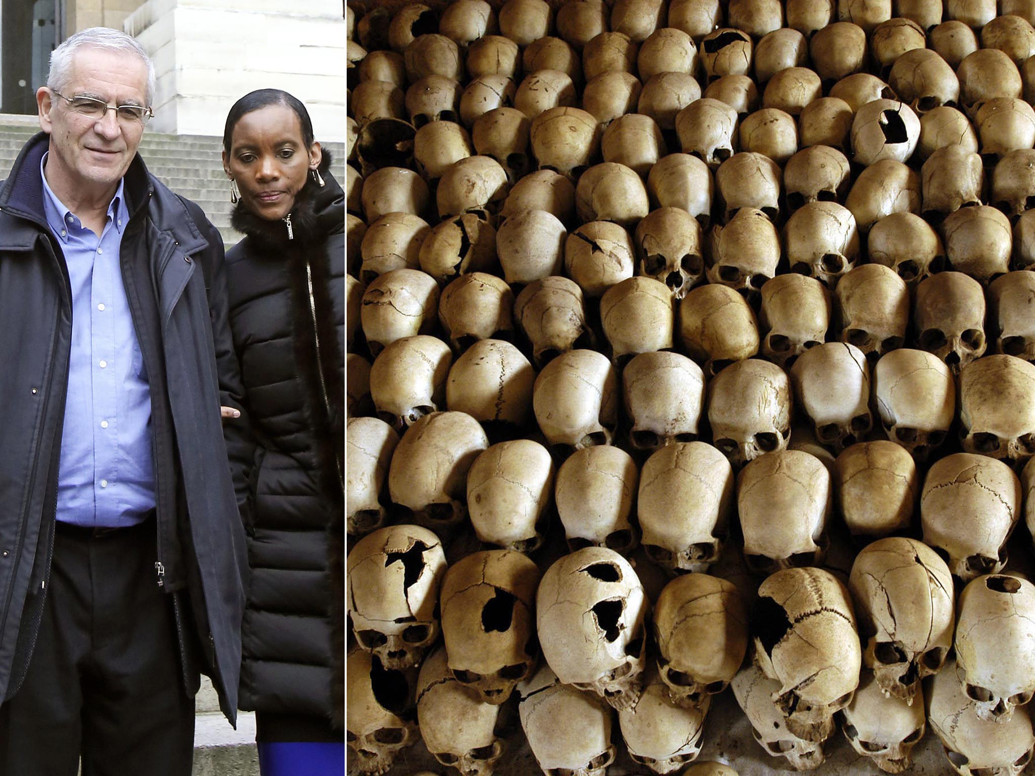 Rwanda's genocide-hunting couple Alain (right) and Dafroza Gauthier and skulls of victims of the Ntarama massacre during the 1994 genocide